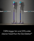 Gen5 Outsize Cordless Vacuum with 250AW Suction, Three Power Modes, LED Illumination next to standard vacuum model comparison.
