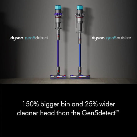 Gen5 Outsize Cordless Vacuum with 250AW Suction, Three Power Modes, LED Illumination next to standard vacuum model comparison.