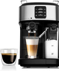 Pro Grade 20 Bar Compact Espresso Maker Featuring Automatic Milk Frother And Stainless Steel Frame with espresso and cappuccino cups