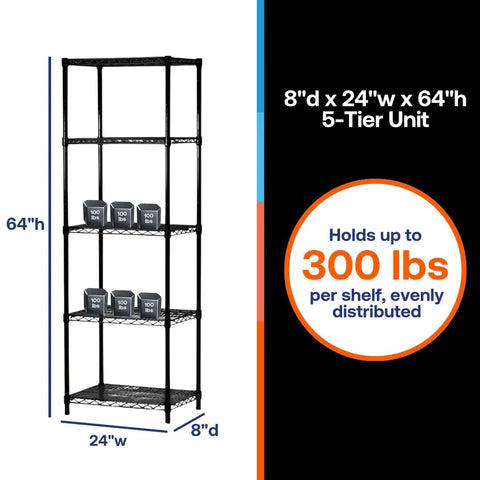 Rock Solid Black Wire Shelving Rack With Five Tier Metal Shelves And 300 Pound Load Capacity Per Shelf Built Tough For Garage Warehouse Or Home Organization Setup