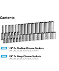 1/4 Inch Drive 6-Point Socket Set With Shallow And Deep Sockets, Metric Sizes 4 To 15 Mm, array of shallow and deep sockets