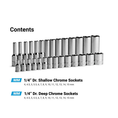 1/4 Inch Drive 6-Point Socket Set With Shallow And Deep Sockets, Metric Sizes 4 To 15 Mm, array of shallow and deep sockets