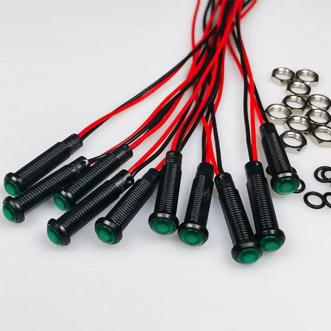 Ten Pack Green LED Indicator Pilot Lights For Panel Mount 12 To 24V AC DC With 6 Millimeter Hole Size Plastic Indicator Lamps For Power Status Signals And Telecom Equipment, green panel-mount lights