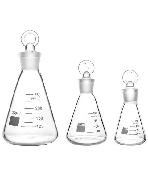 Durable Borosilicate 3.3 Glass Erlenmeyer Flask Set With Three Sizes 50ml 100ml 250ml Graduated Conical Flasks With Glass Stopper