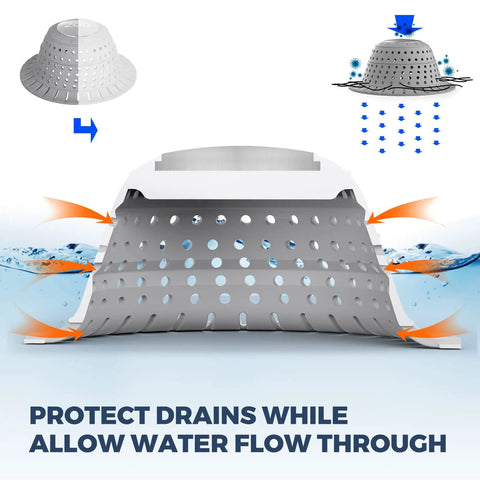 Silicone Collapsible Bathtub Drain Hair Catcher And Protector For Pop Up And Regular Drains with dome design, water flow illustration.