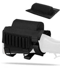 Rifle Cheek Riser With Ambidextrous Shell Holder And Molle Pouch on a white rifle stock, including adjustable cheek pad.