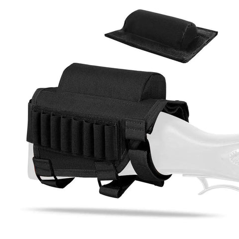 Rifle Cheek Riser With Ambidextrous Shell Holder And Molle Pouch on a white rifle stock, including adjustable cheek pad.