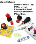 Complete picture hanging marking and leveling kit with mini bubble level, nail hole markers, red keyhole tools, and screwdriver.