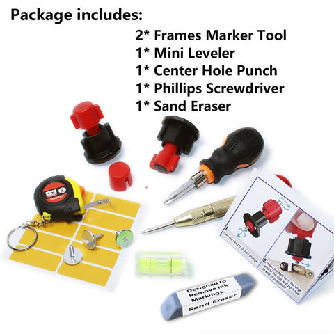 Complete picture hanging marking and leveling kit with mini bubble level, nail hole markers, red keyhole tools, and screwdriver.