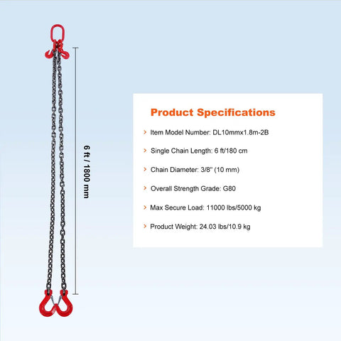 Heavy Duty Chain Sling Three Eighths Inch By 6 Ft With 2 Leg Grab Hooks And Adjusters, G80 Mn Steel Lifting Chains For Engine Hoist, 11000 Lbs Capacity, 5 Ton Rigging Chain With Durable Hooks Built Tough, 6 ft 2-leg chain sling with red grab hooks and adjusters