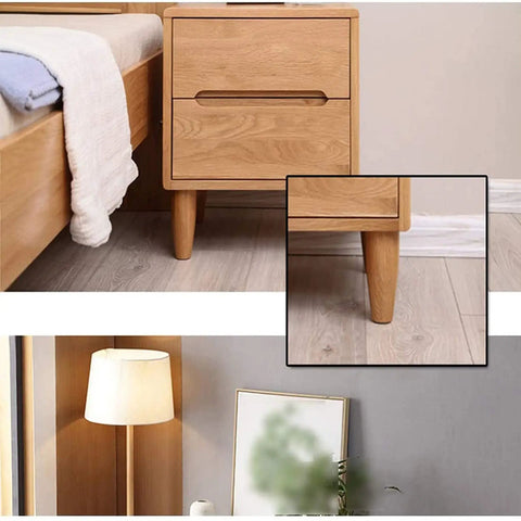 Four Pack Solid Oak Wood Table Legs, Four Inch Tapered Replacement Furniture Feet showcased under a nightstand in a bedroom.