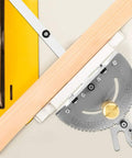 Killer Precision Miter Gauge With Sweet Brass Handle For Table Saw And Router Table Delivering Dead On Accuracy And Clean Woodworking Cuts Across Twenty Seven Angle Stops with wood and saw blade.