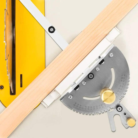Killer Precision Miter Gauge With Sweet Brass Handle For Table Saw And Router Table Delivering Dead On Accuracy And Clean Woodworking Cuts Across Twenty Seven Angle Stops with wood and saw blade.