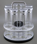 Eight Single Dose Espresso Bean Storage Tubes With Rotating Display Rack and Precision Funnel Set, clear glass and metal, 30mm wide by 126mm tall.
