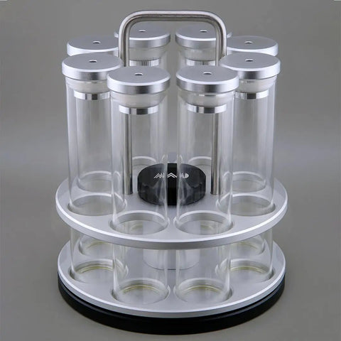Eight Single Dose Espresso Bean Storage Tubes With Rotating Display Rack and Precision Funnel Set, clear glass and metal, 30mm wide by 126mm tall.