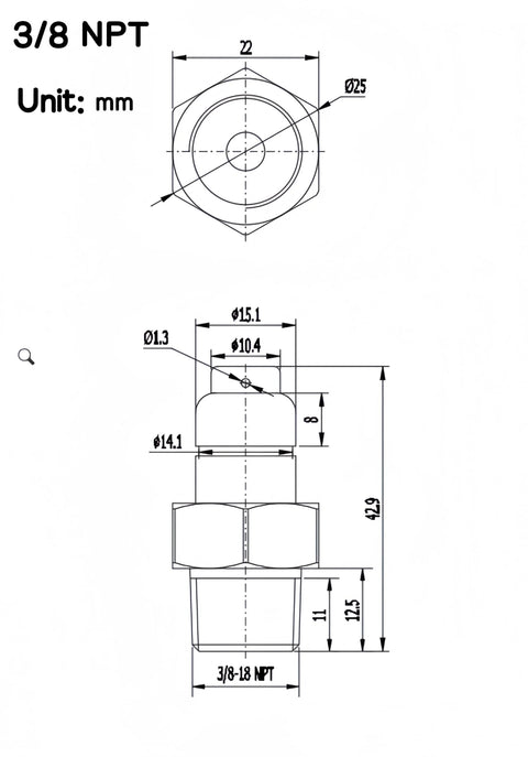 Amazon Thermal Relief Valve 3/8 NPT for pressure washer pump; front and side technical drawing with dimensions