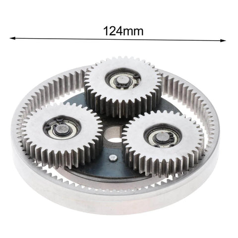 36T Planetary Gear With Clutch Kit For Electric Motors, 12mm Thick, 47.5mm Diameter Steel Gear Set showing gears and 124mm width
