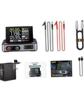 Adjustable DC Power Supply 0-30V 0-5A with accessories for lab CNC, safe, portable, featuring display and connection cables.