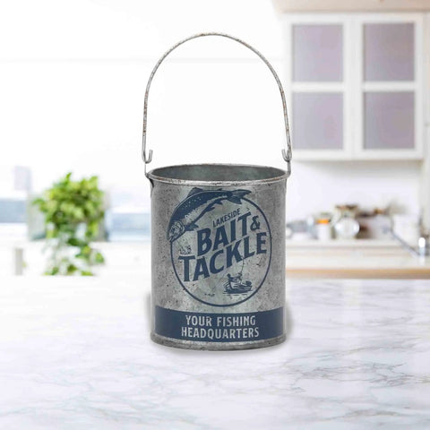 Vintage Style Metal Bucket For Fishing Gear And Home Decor Great For Tools Pencils Remotes And More Rustic Bait And Tackle Inspired Decor Storage Pail With Classic Garage Charm in a kitchen.