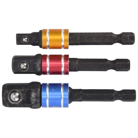 Versatile 1/4 Inch Hex To Square Drive Socket Adapter Kit With Detent Ball Locking For Electric And Pneumatic Impact Wrenches Screwdriver Tools That Rock, 3 chrome steel adapters