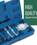 Bad Ass Nine Piece Mini Bearing Puller Separator Set Fits Gears Wheels Fittings Off Shafts For Auto Work Includes Beam Separator Jaw Thrust Screw Extension Rods Great For Quick Fixes And Heavy Duty Jobs Around Your Shop Get Yours Soon. Blue case with 45 steel mini bearing puller set