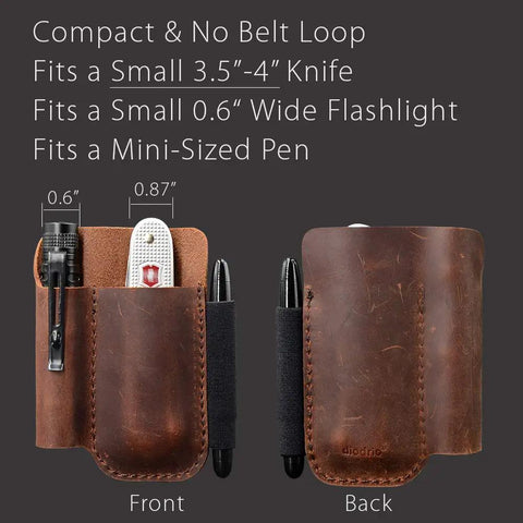 Front and back view of Full Grain Leather Pocket Organizer For Everyday Carry Pouch With Knife Holder And Pen Loop Rugged Chestnut.