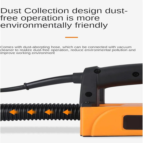 Pro Grade Electric Wall Planer With Hella Smooth Action And Beast Mode Torque showing dust-absorbing hose for dust-free operation.