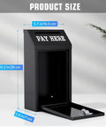Locking Cash Box With Slot For Donations, Metal Money Box, Wall Mount, Opened Lid, Key and Measurements, Black