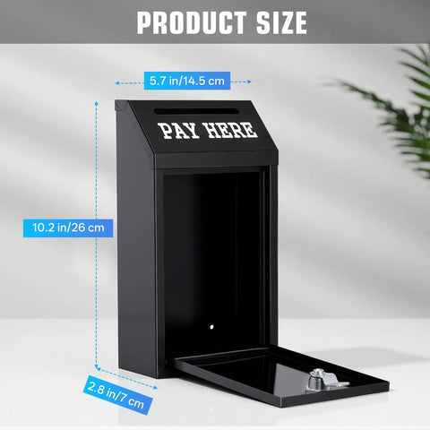 Locking Cash Box With Slot For Donations, Metal Money Box, Wall Mount, Opened Lid, Key and Measurements, Black