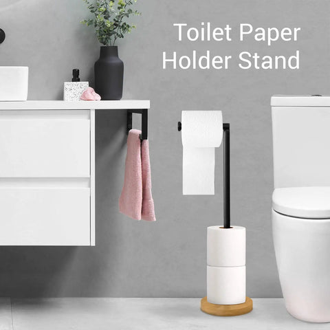 Freestanding Toilet Paper Holder With Storage And Modern Bamboo Base next to sink and toilet, highlighting sleek design.