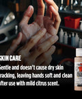 Person applying DU-MOST Hand Scrub Cleaner in a garage, focusing on skin care benefits and citrus scent