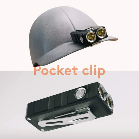 Rechargeable LED Flashlight 1650 Lumen EDC Keychain Light with pocket clip on helmet and side view with clip.
