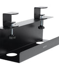 Front view of No Drill Clamp On 17 Inch Power Strip Tray For Under Desk Cable Management And Standing Desk Cord Organizer Heavy Duty Steel Black.