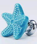 Four Pack Starfish Drawer Knobs Set, Coastal Ceramic Cabinet Hardware In Ocean Blue, Durable Zinc Alloy And Ceramic Build, Beachy Ocean Vibe Themed Kitchen Dresser Drawer Knobs For Cabinets. blue ceramic starfish knob with chrome base, 34 mm