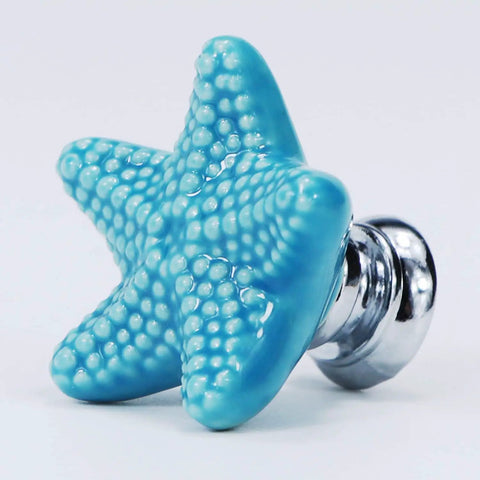 Four Pack Starfish Drawer Knobs Set, Coastal Ceramic Cabinet Hardware In Ocean Blue, Durable Zinc Alloy And Ceramic Build, Beachy Ocean Vibe Themed Kitchen Dresser Drawer Knobs For Cabinets. blue ceramic starfish knob with chrome base, 34 mm