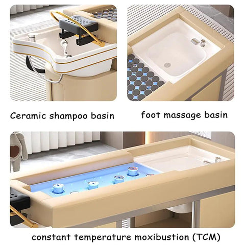 All In One Head Spa Backwash Bed With Water Circulation And Massage Fumigation Ready Pro Grade Spa Equipment with ceramic shampoo and foot massage basins.