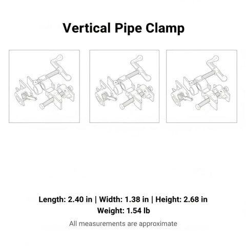 Vertical Pipe Clamp measurements 2.40x1.38x2.68 inches, 1.54 lb, durable for holding wood in assembly projects.