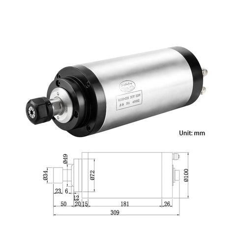 Beefed Up 3KW 100mm Water Cooled CNC Spindle Motor Kit With 220V VFD 3.7KW close-up view with technical diagram
