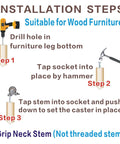 Installation guide for 2 Inch Non Marring Rubber Caster Wheels 4 Pack with brakes, showing drill, socket, and grip neck stem.