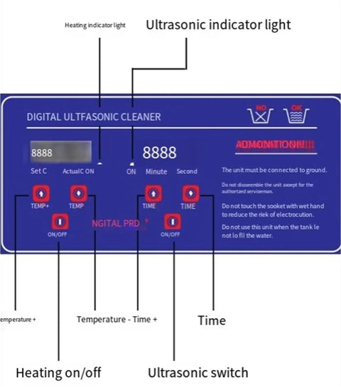 Digital control panel of Top Shelf Ultrasonic Cleaner Machine 10 Liter Capacity with timer and ultrasonic indicator.