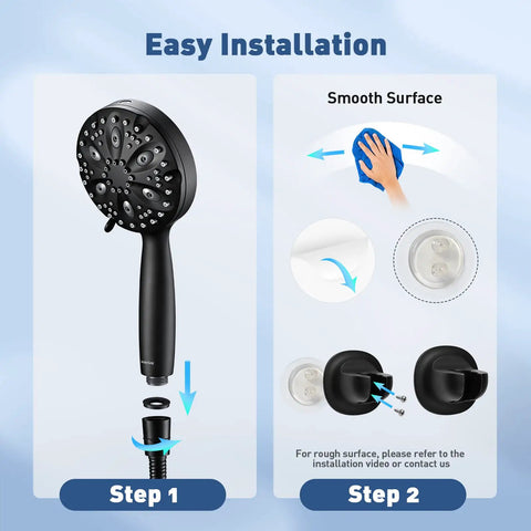 Matte Black Shower Head With 7 Settings And Built In Power Wash Handheld Spray installation guide with adjustable mount steps