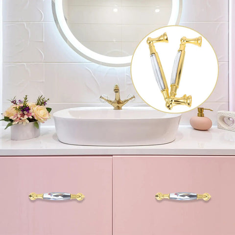 Two Pack Colorful Glass Cabinet Door Handles With Crystal Center Long Metal Drawer Pulls For Kitchen Closet Dresser And Furniture Hardware Durable And Easy To Install on pink vanity in bathroom