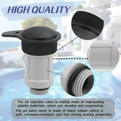 Air Jet Valve And Cap Replacement Kit for Pool Jet Systems, black and white plastic build with rubber components, close-up view