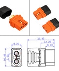Heavy Duty 25 Foot 12AWG Solar To XT60i Cable For Portable Power Stations with orange XT60i connectors and dimensions.