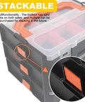 Stackable six compartment small parts organizer with stackable design and removable dividers for hardware, clear case in garage use.