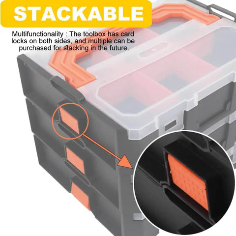 Stackable six compartment small parts organizer with stackable design and removable dividers for hardware, clear case in garage use.