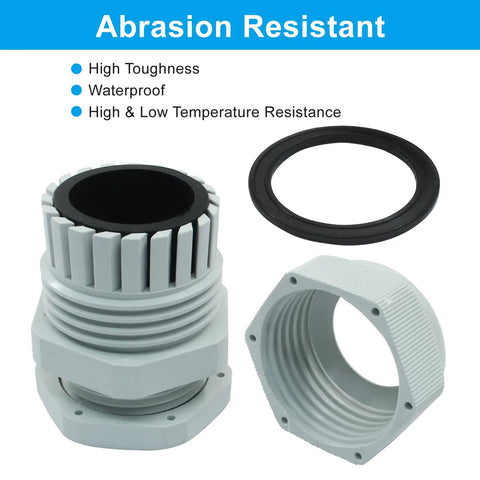 5 Pack 1 Inch NPT Cable Glands Waterproof Strain Relief Wire Connectors shown in abrasion-resistant nylon