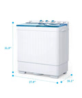 Slick Portable Twin Tub Mini Washing Machine Handling A Fast 26 Lbs Wash And Spin Cycle dimensions showing 31.9 x 27.4 x 16.1 inches.