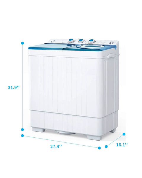 Slick Portable Twin Tub Mini Washing Machine Handling A Fast 26 Lbs Wash And Spin Cycle dimensions showing 31.9 x 27.4 x 16.1 inches.