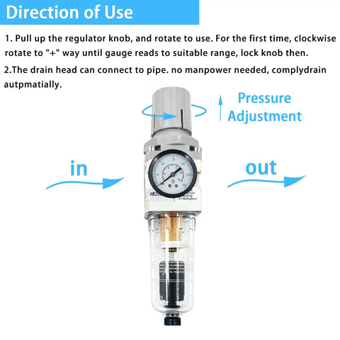 Front view of Quarter Inch NPT Compressed Air Filter Regulator Combo Piggyback With Water And Oil Trap Separator, 0-150 PSI Gauge